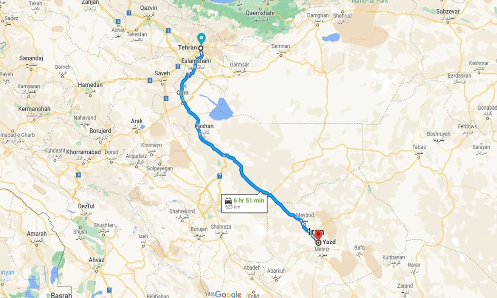 مسیر تهران به یزد